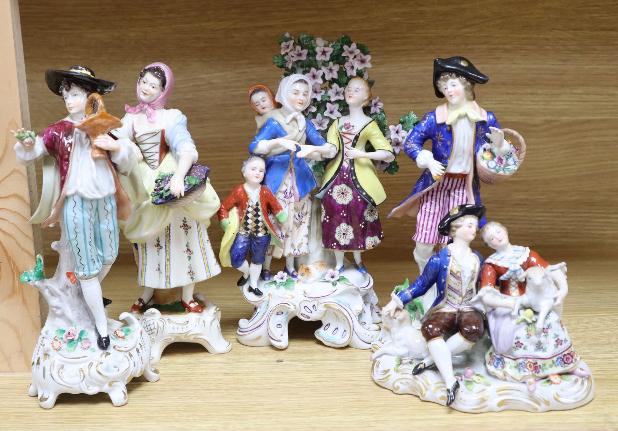 A Hochst porcelain shepherd and shepherdess group and four other modern Continental figures